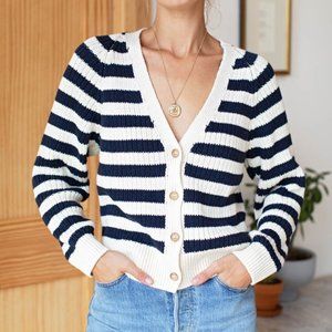 Emerson Fry Low V Neck Cardigan — Navy French Stripe